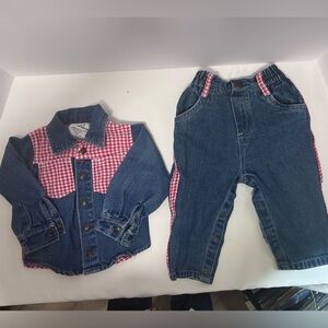 French Toast Kids Denim and Red Checkered Jeans Set